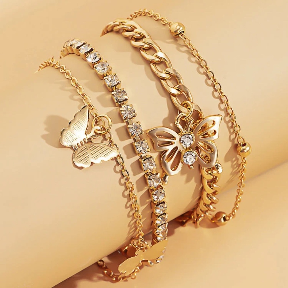 Dainty 4 Layered Crystal Heart Butterfly Charm Anklet Set, Foot Jewelry